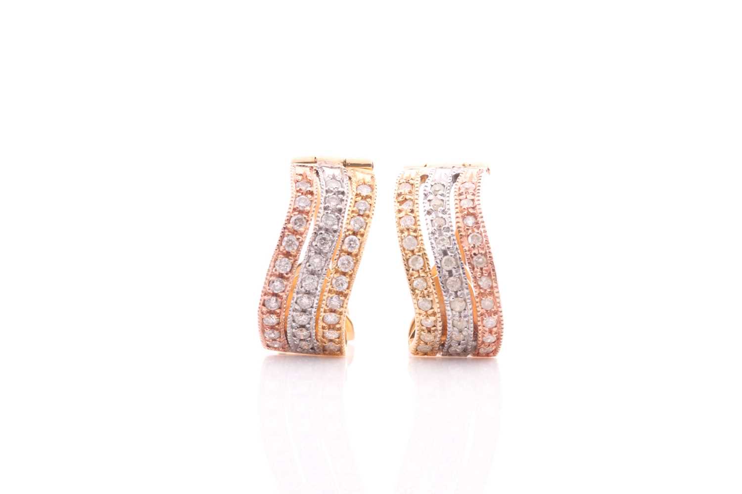 Lot 35 - A pair of tri-coloured diamond hoop earrings,...