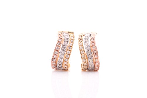 Lot 35 - A pair of tri-coloured diamond hoop earrings,...