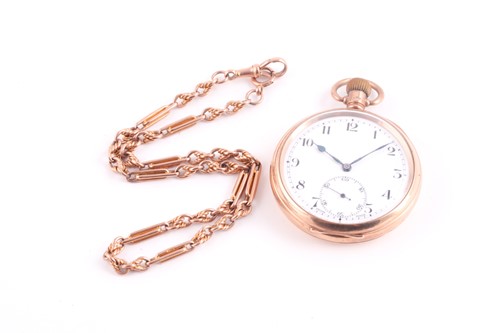 Lot 453 - A 9 carat gold pocket watch and chain; the 9...