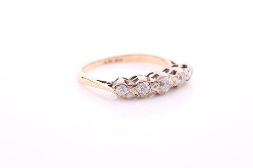 Lot 33 - A five stone half hoop diamond ring; the...