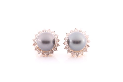 Lot 148 - A pair of Tahtian pearl and diamond earrings,...