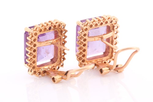 Lot 26 - A pair of amethyst and diamond earrings, set...