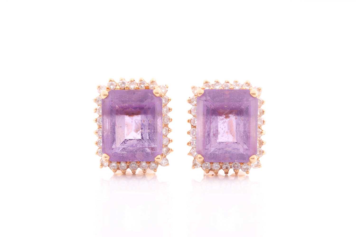 Lot 26 - A pair of amethyst and diamond earrings, set...