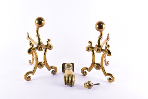 Lot 76 - A pair of Art Nouveau style brass andirons,...