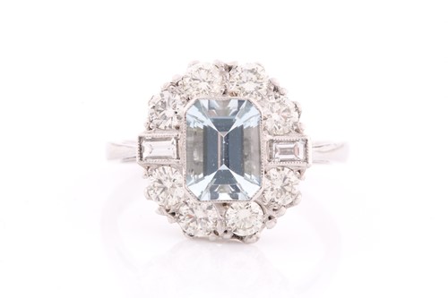 Lot 31 - A platinum, diamond, and aquamarine ring, set...