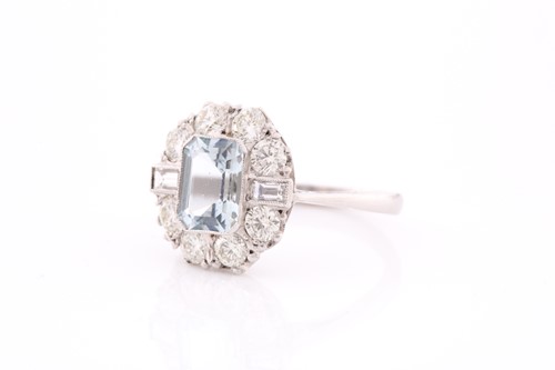 Lot 31 - A platinum, diamond, and aquamarine ring, set...