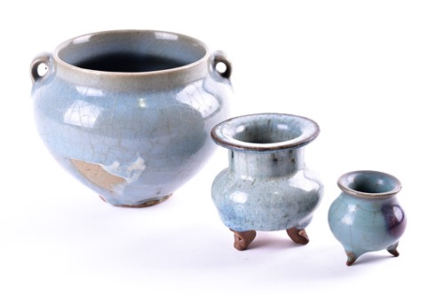 Lot 126 - Two Chinese jun ware censers and a two earred...