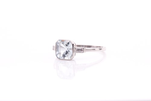 Lot 230 - A platinum, diamond, and aquamarine ring, set...
