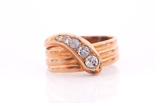Lot 200 - An 18ct yellow gold and diamond snake ring,...