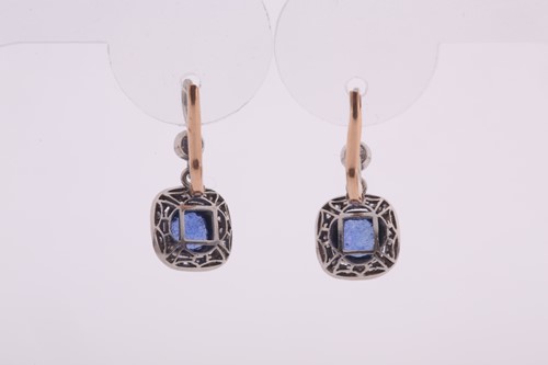 Lot 250 - A pair of diamond and sapphire drop earrings,...