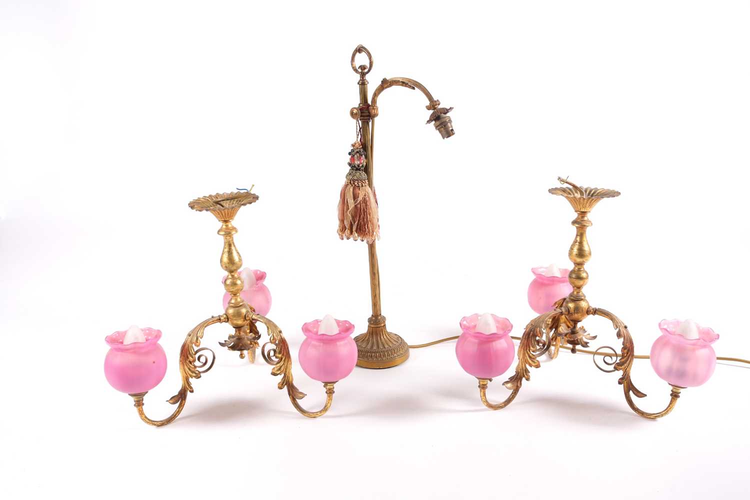 Lot 226 - A pair of gilt brass ceiling lamps, with three...