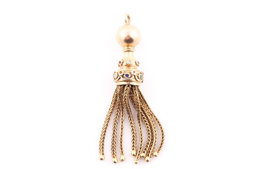 Lot 214 - A yellow metal tassel pendant, with eight rope-...