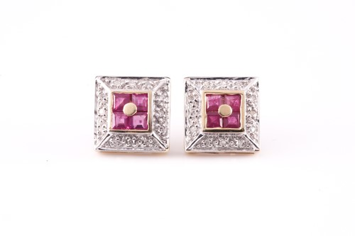 Lot 385 - A pair of 9ct yellow gold, diamond, and ruby...