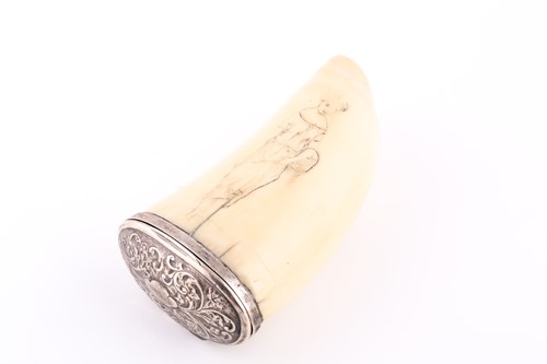 Lot 524 - Silver mounted scrimshaw snuff mull, London...