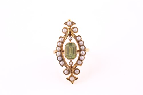 Lot 297 - An antique peridot and pearl lozenge-shaped...