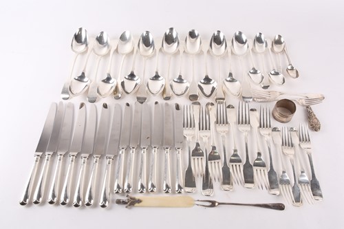 Lot 553 - A mixed part canteen of silver fiddle pattern...