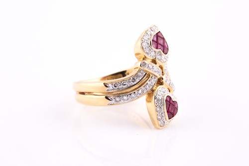 Lot 288 - An 18ct yellow gold, diamond, and ruby ring,...