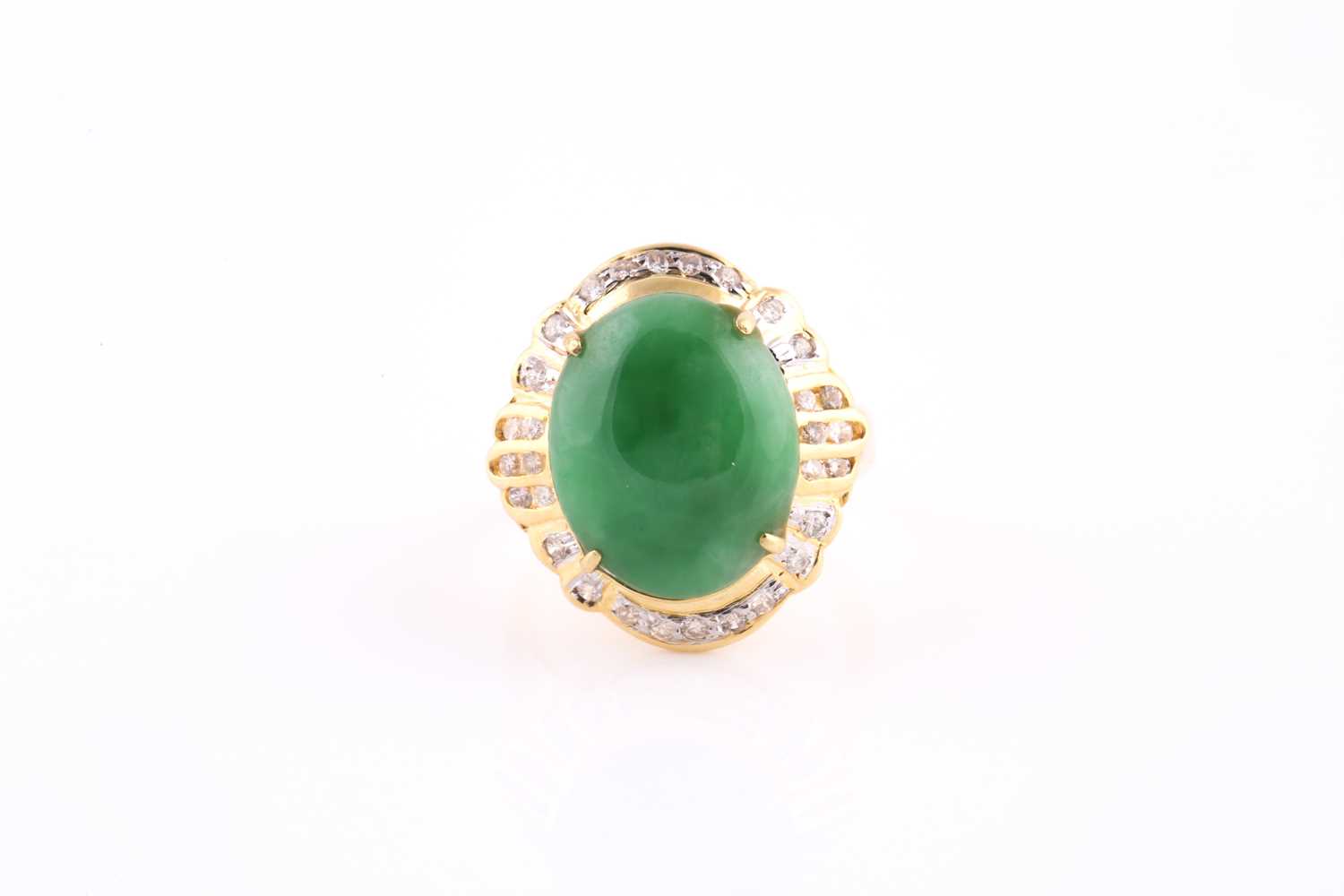Lot 168 - An 18ct yellow gold, diamond, and jade ring,...