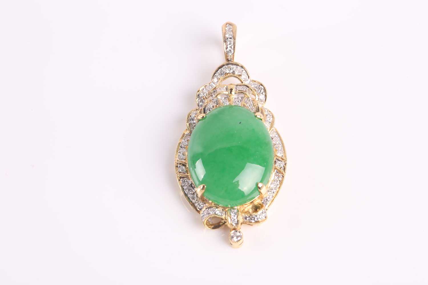 Lot 48 - A yellow metal, diamond, and jade pendant, set...