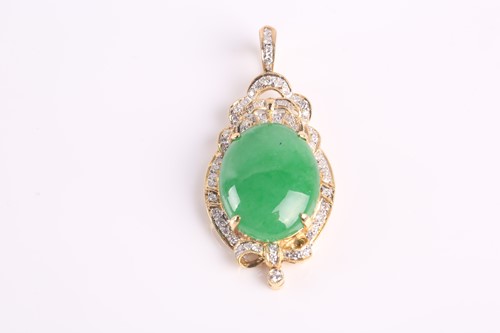 Lot 48 - A yellow metal, diamond, and jade pendant, set...