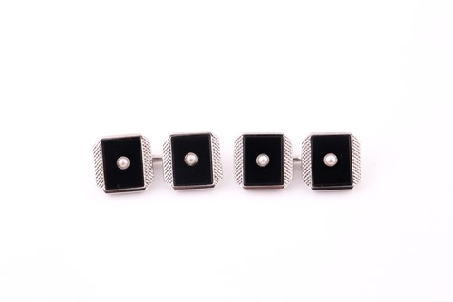 Lot 165 - A pair of 9 carat white gold, onyx, and pearl...