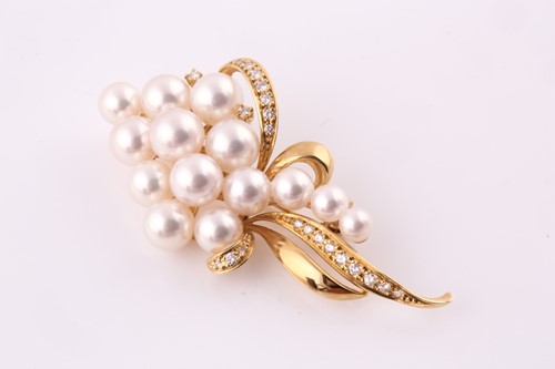 Lot 361 - Mikimoto. A gold, diamond and pearl brooch;...