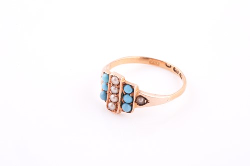 Lot 70 - An 18ct yellow gold, pearl, and turquoise ring,...