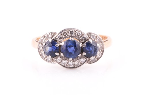 Lot 443 - An 18ct yellow gold, diamond, and sapphire...