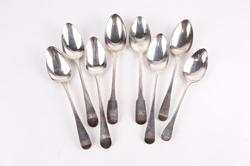 Lot 528 - Five George III silver tablespoons, variously...