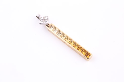 Lot 200 - A yellow sapphire and diamond strip pendant,...