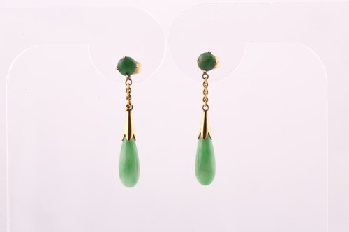 Lot 349 - A pair of jade drop earrings, each with a claw...