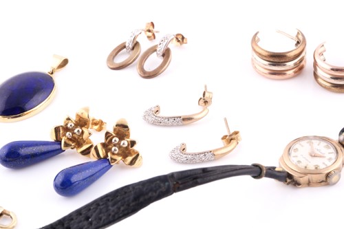 Lot 163 - A pair of 9ct three tone gold hoop earrings;...