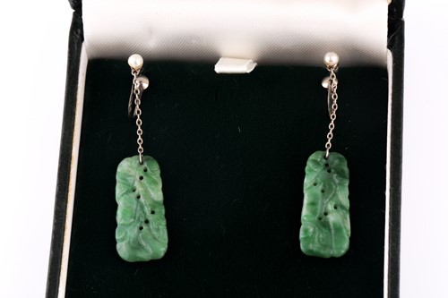 Lot 182 - A pair of 18ct white gold and jade drop...