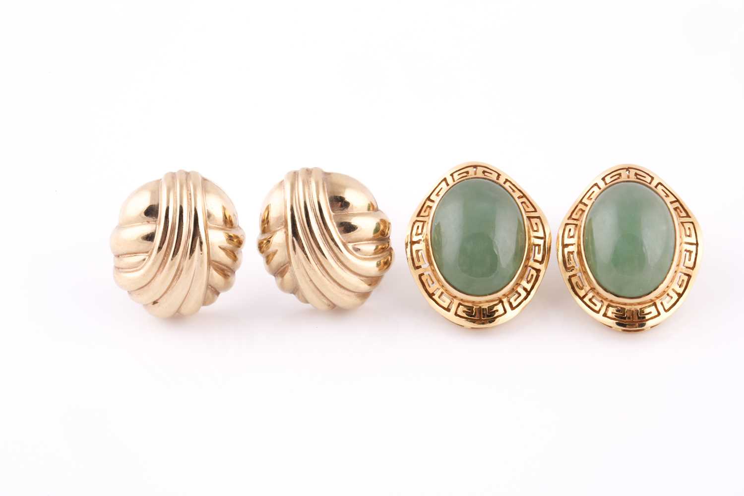Lot 257 - A pair of 18ct yellow gold and jade earrings,...