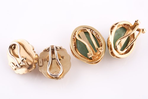 Lot 257 - A pair of 18ct yellow gold and jade earrings,...