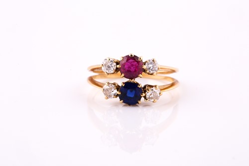 Lot 595 - A ruby, diamond and sapphire ring Of...