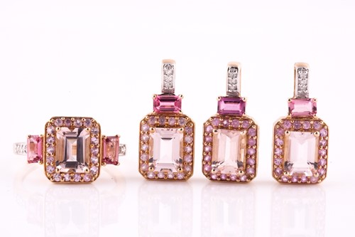 Lot 458 - Three gem-set pendants and a ring Each set...
