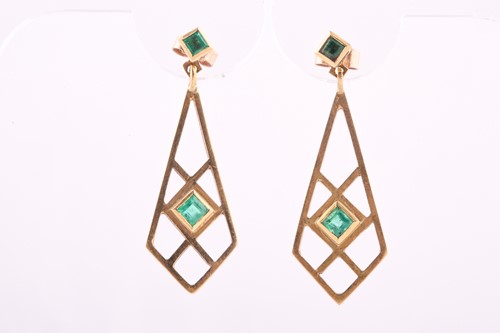 Lot 360 - A pair of emerald-set earrings,each collet-set...