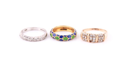 Lot 388 - Three rings, one Tiffany 18k enamel and yellow...