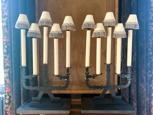 Lot 51 - A pair of 20th century five sconce black iron...