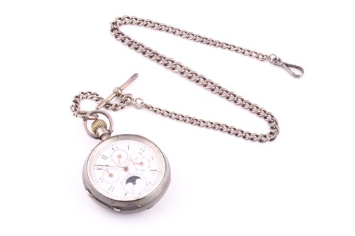 Lot 718 - A pocket watch with chain The 48mm white dial...