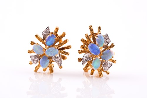 Lot 691 - A pair of opal and diamond earrings Each...