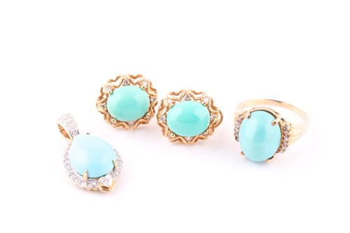 Lot 638 - A pair of turquoise cabochon earrings, with...