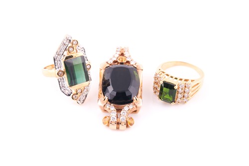 Lot 555 - Three pieces of green tourmaline and diamond...