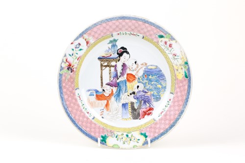 Lot 86 - A Chinese famille rose lady & boys plate, Qing,...