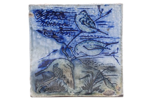 Lot 528 - A Martin Brothers stoneware blue-glazed tile,...