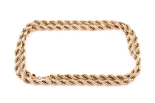 Lot 158 - A 9ct yellow gold rope (hollow) chain, 35 inch.
