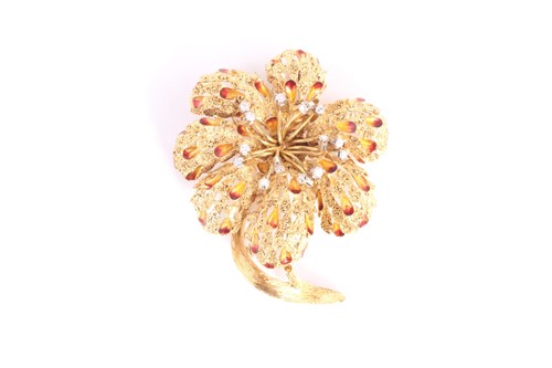 Lot 202 - A diamond and enamel flower head brooch, set...