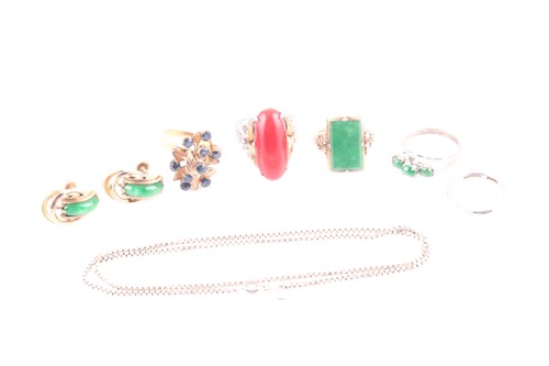 Lot 254 - Four gem set rings, a pair of jade screw back...