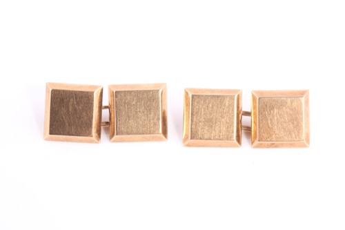 Lot 53 - A pair of square cushion-shaped 14ct gold...